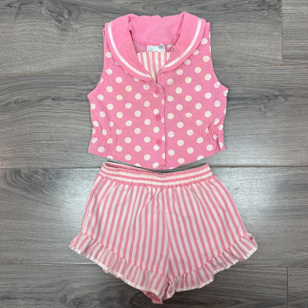 Vintage Girls Code One Sport Pink Polka Dot Stripe Two Piece Outfit Set Size 4